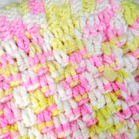 Hand Crochet Bag Pink Yellow White Vintage Double Strap Grandmacore Handbag 14" - Picture 4 of 16